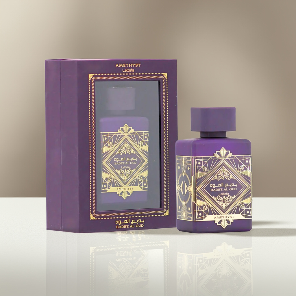 Bade'e Al Oud Amethyst – Bold, Luxurious & Elegant Eau de Parfum in purple and gold packaging, perfect for luxury fragrance lovers.