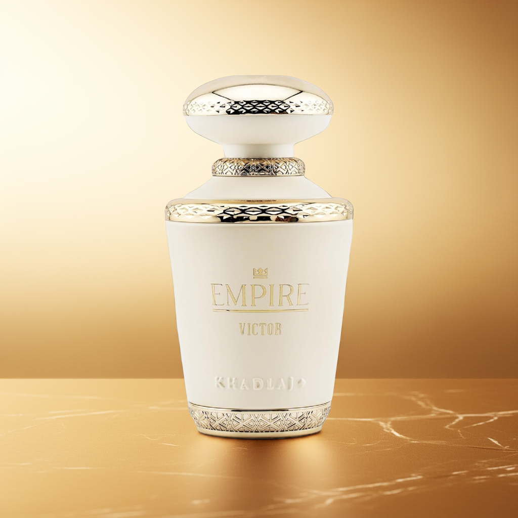 Empire Victor by Khadlaj Eau de Parfum in a luxurious white and gold bottle, symbolizing sweet, warm, and victorious fragrance notes.