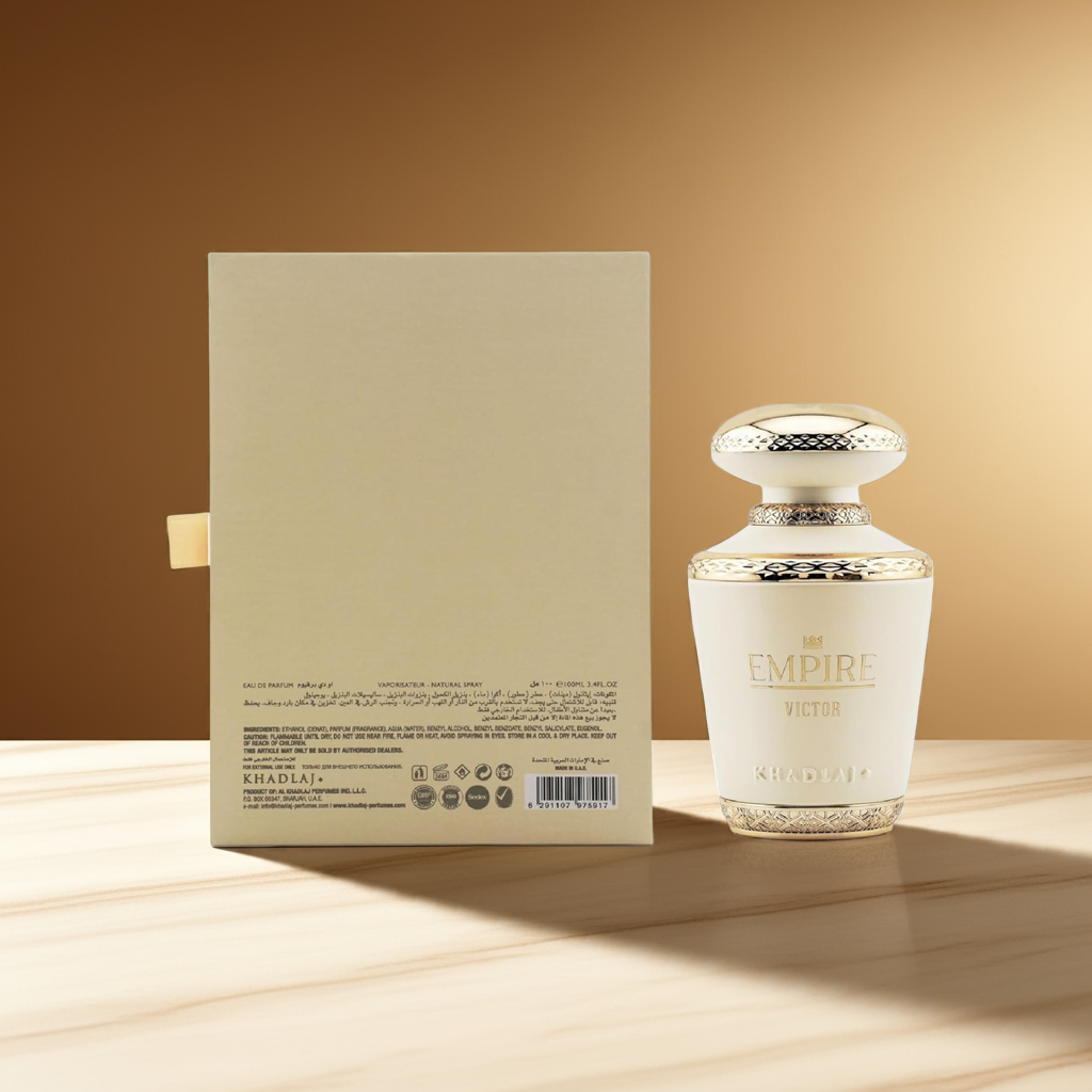 Back view of Empire Victor by Khadlaj Eau de Parfum with detailed product info and premium bottle design for health & beauty shoppers.