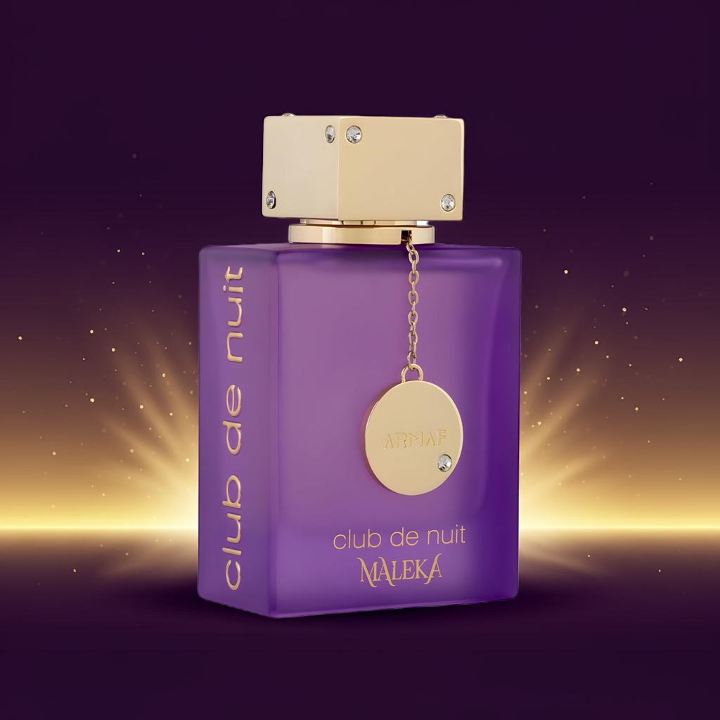 Armaf Club De Nuit Maleka perfume bottle in purple with gold detailing, representing a bold, spicy and woody fragrance for women.