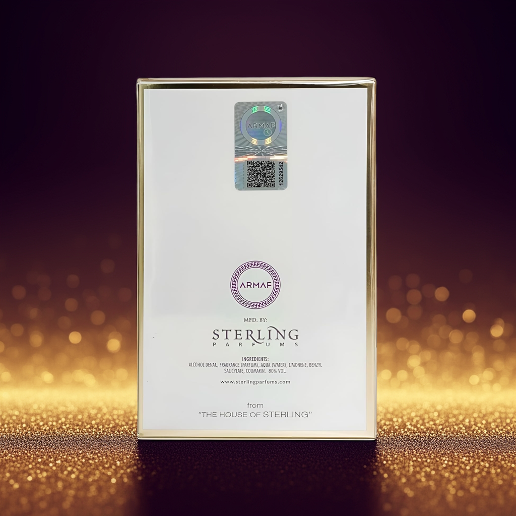 Back of Club De Nuit Maleka perfume box showing authenticity labels and brand details from Sterling Parfums, part of the Health & Beauty fragrance category.