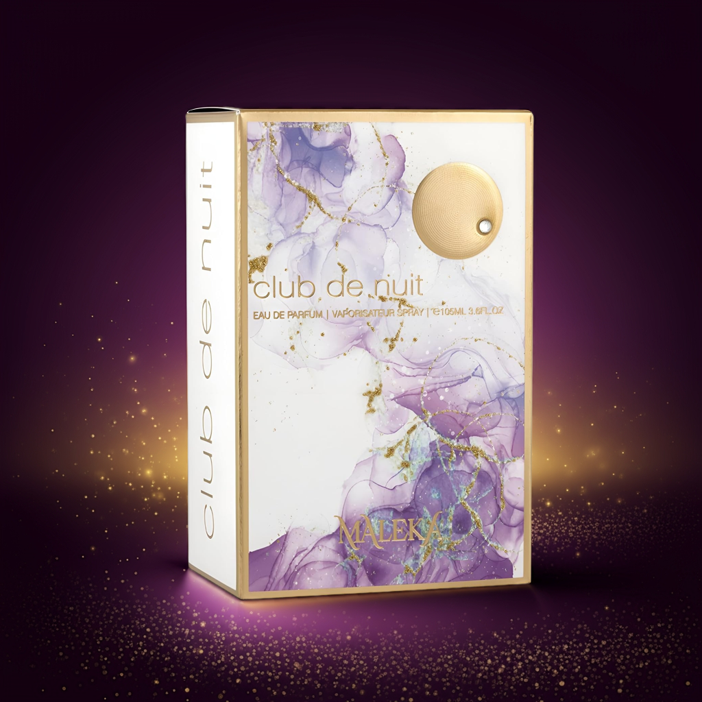 Club De Nuit Maleka Eau de Parfum box design featuring marble floral artwork and gold accents, ideal for luxury fragrance lovers seeking a royal scent.
