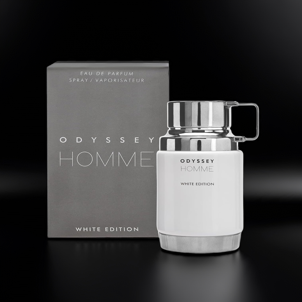 Armaf Odyssey Homme Perfume White Edition with packaging, ideal for gifting; features citrusy pink pepper and aquatic amberwood notes.
