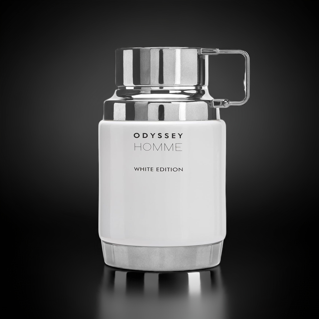 Armaf Odyssey Homme Perfume White Edition bottle with sleek silver cap, showcasing a modern citrusy, aquatic, and earthy fragrance for men.