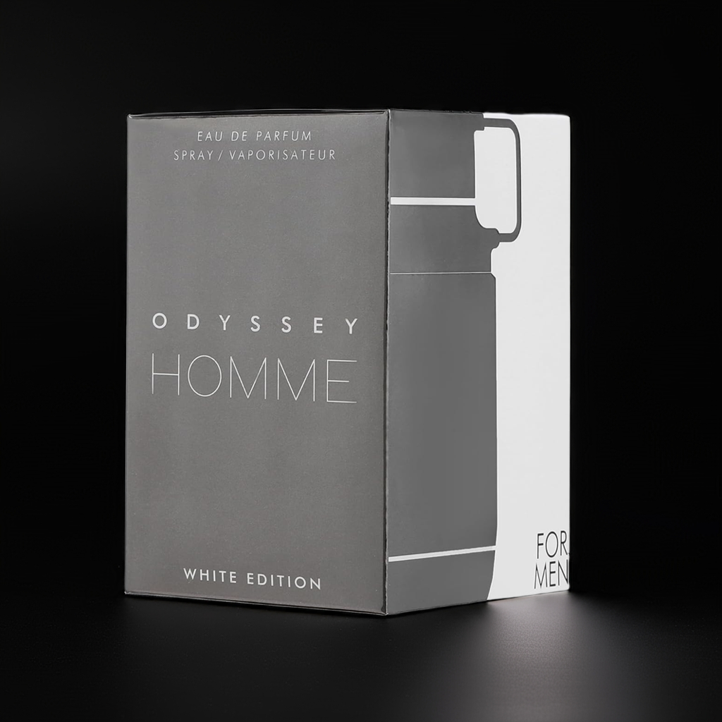 Box packaging of Armaf Odyssey Homme Perfume White Edition, emphasizing its premium citrusy and earthy fragrance for men in the EDP category.