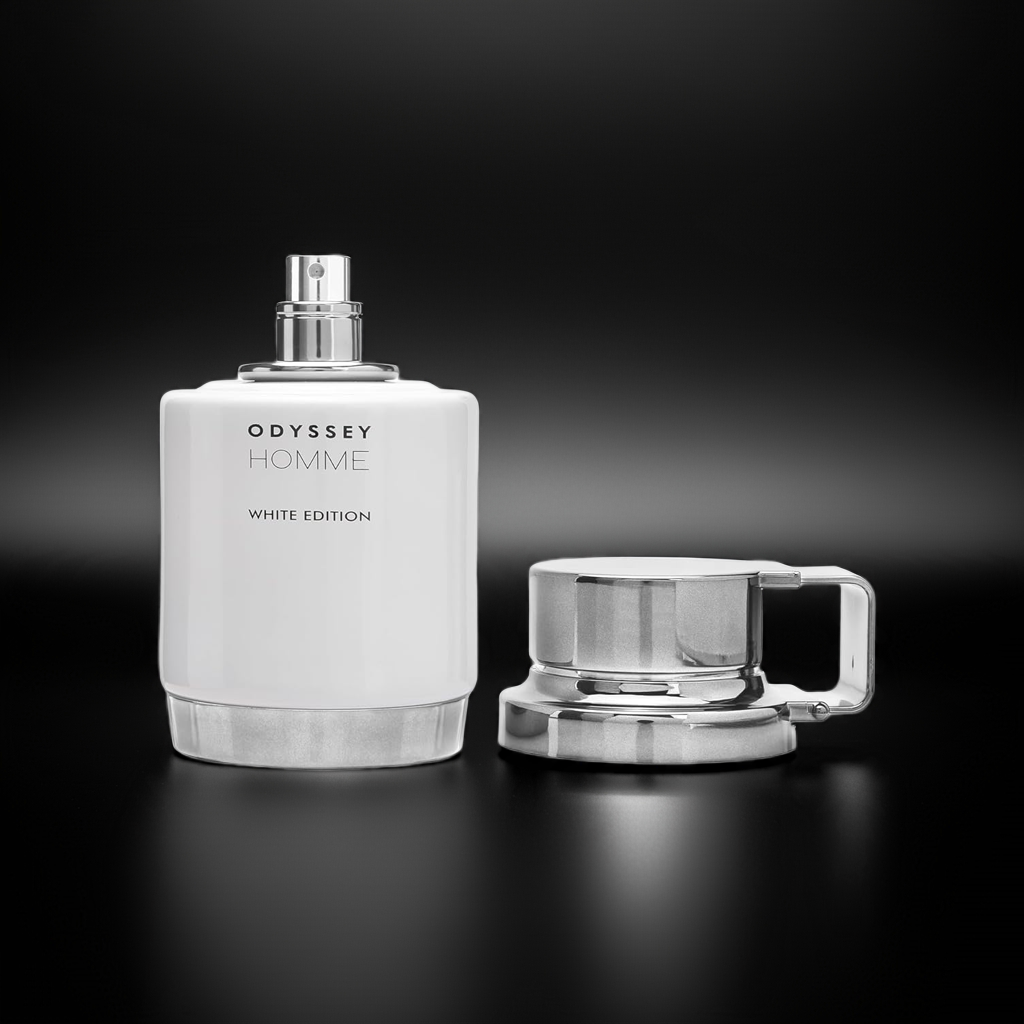 Open Armaf Odyssey Homme Perfume White Edition bottle with cap off, highlighting the elegant spray design and fresh masculine scent profile.