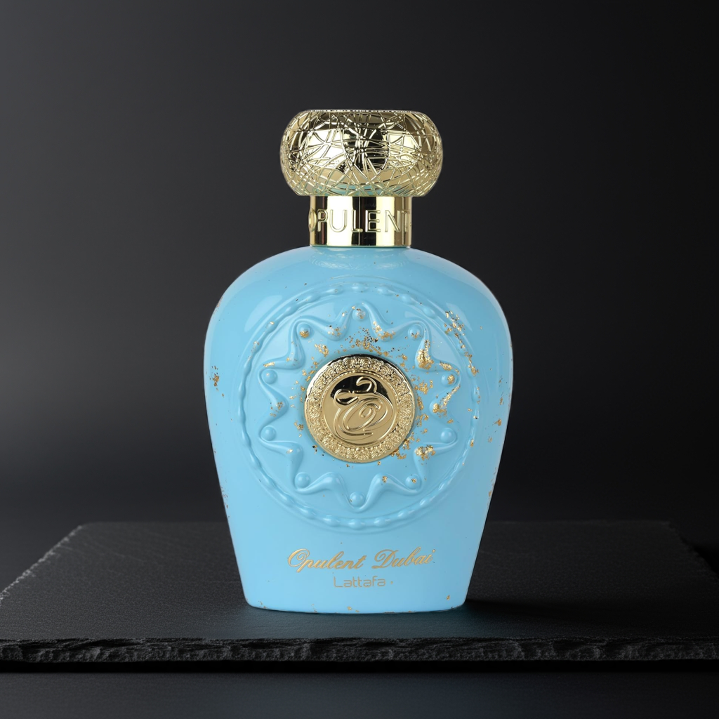 Lattafa Unisex Perfume Dubai in a luxurious blue and gold bottle, showcasing elegance and opulence in premium fragrance packaging.