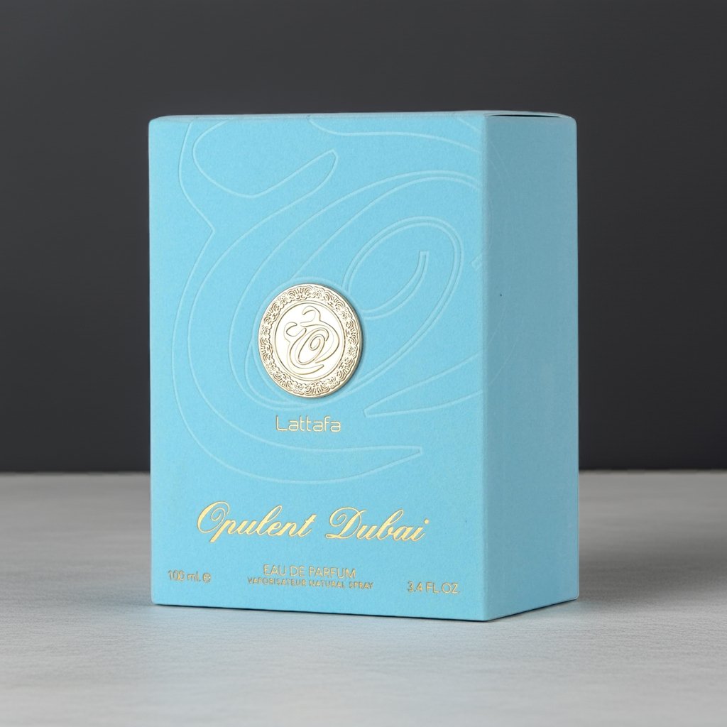 Elegant packaging of Lattafa Unisex Perfume Dubai, featuring a sky-blue box with gold accents, perfect for high-end perfume collections.