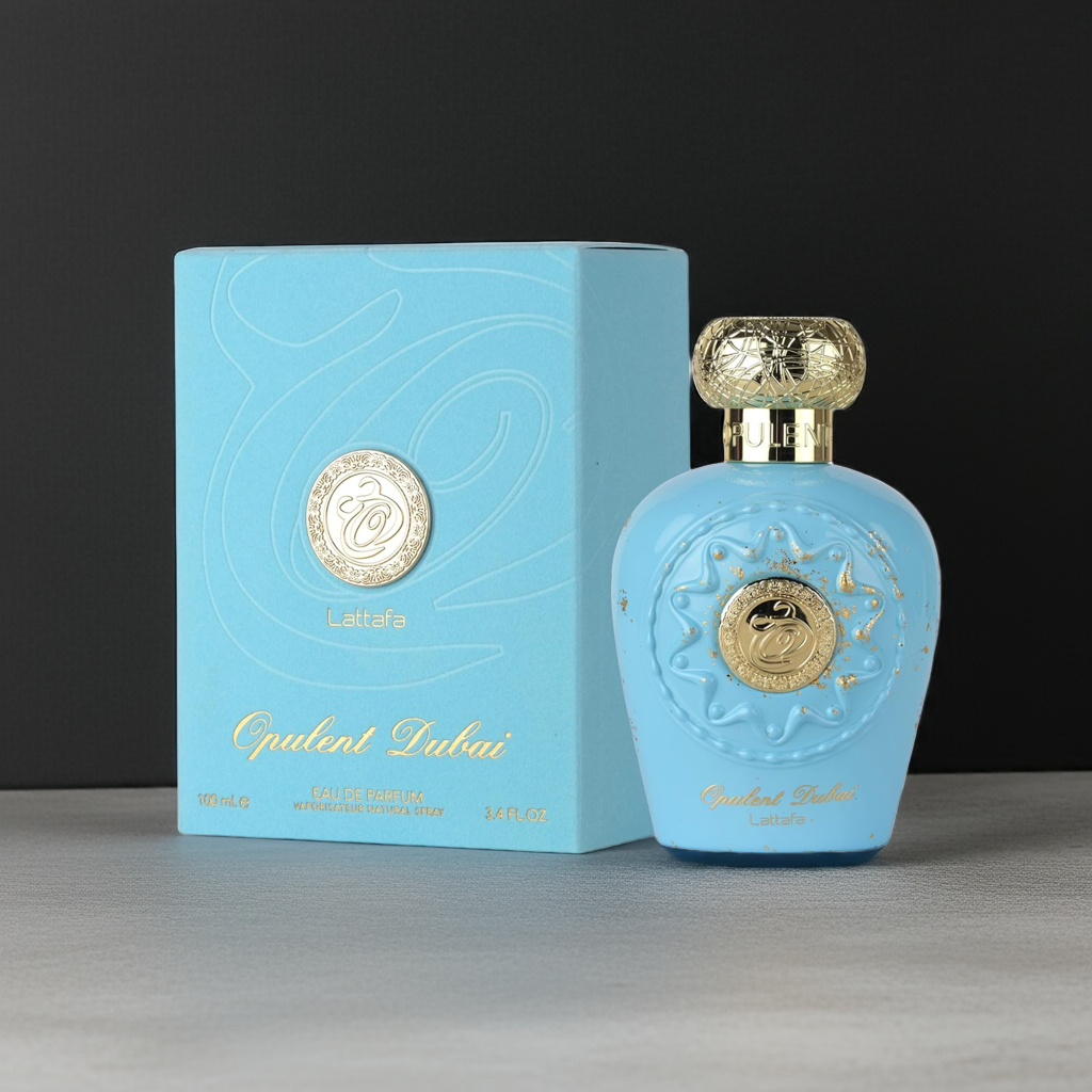 Lattafa Opulent Dubai Eau de Parfum Unisex with matching blue and gold box, ideal for gifting luxury fragrances in health and beauty.