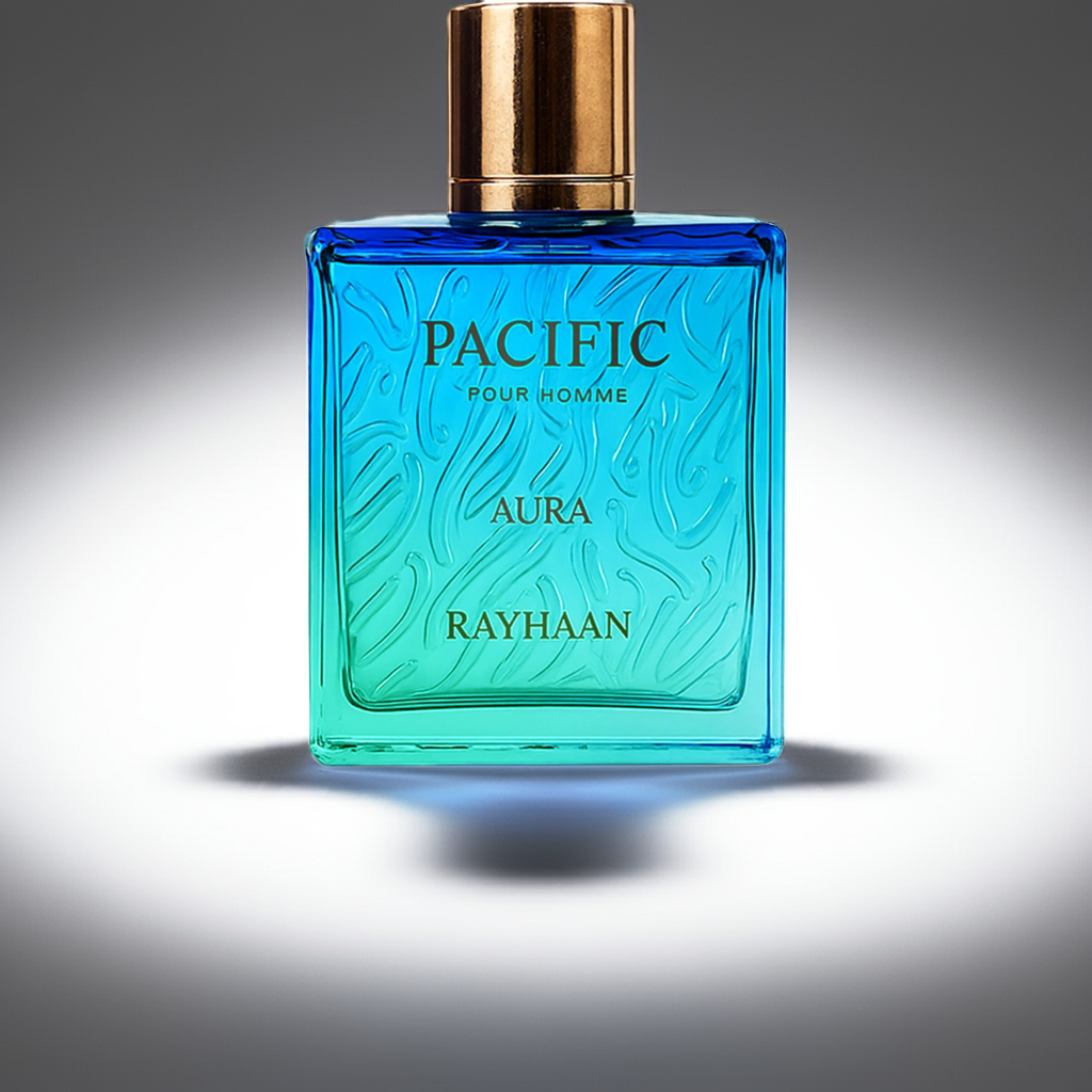 Rayhaan Aura Perfume for Men - Vibrant Scent in a blue-green gradient bottle with gold cap. Fresh ocean breeze fragrance with citrus and amber notes.