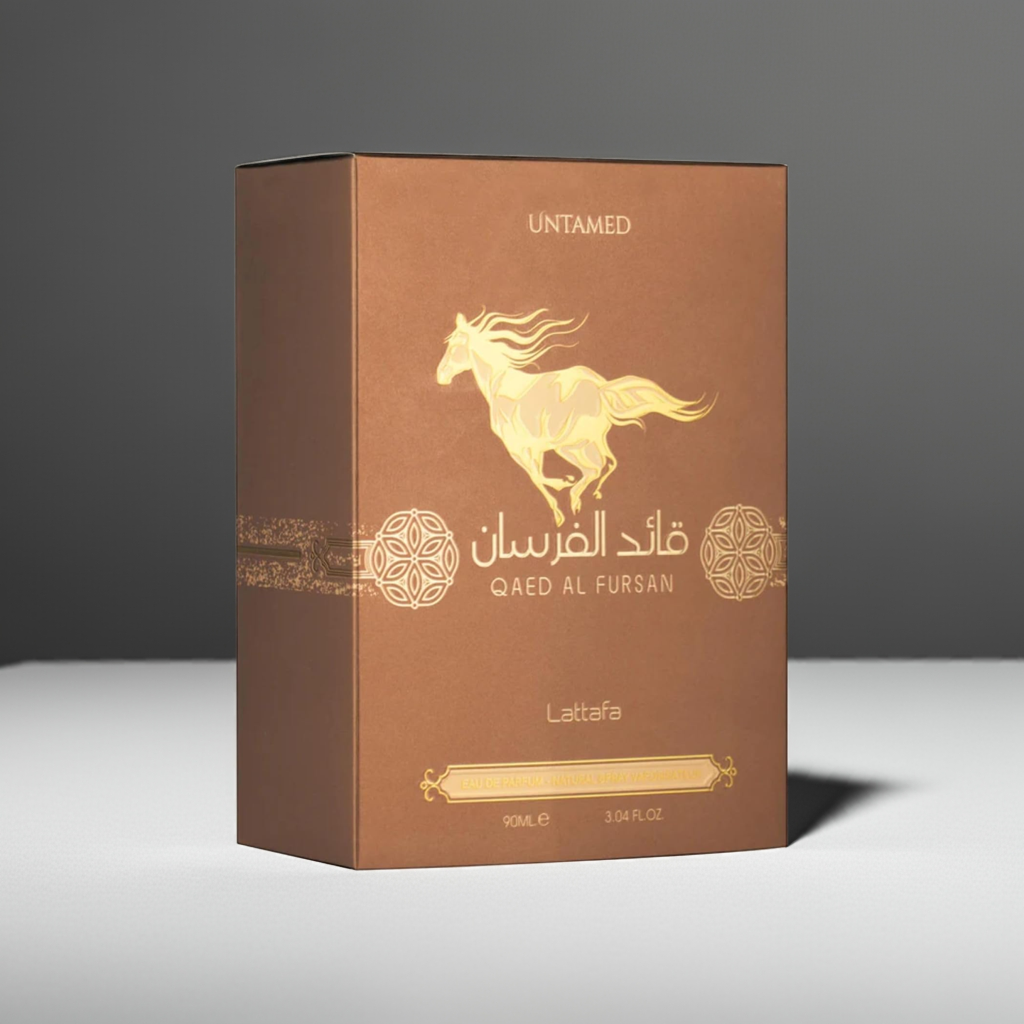 Lattafa Qaed Al Fursan Untamed Eau de Parfum Unisex in a bold brown and gold box featuring a galloping horse design, 90ml fragrance.