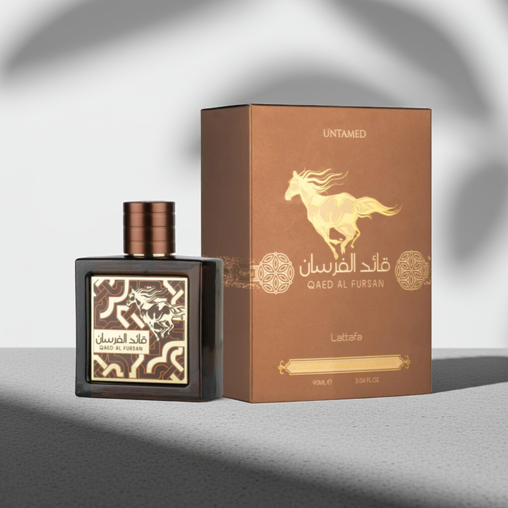 Lattafa Qaed Al Fursan Untamed Eau de Parfum Unisex with bold packaging featuring a golden horse design, ideal for warm, spicy fragrance lovers.