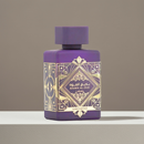 Bade'e Al Oud Amethyst – Bold, Luxurious & Elegant unisex perfume in a deep purple bottle with gold geometric accents, ideal for gifting.