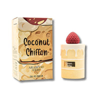 Coconut Chiffon EDP by Arabiyat Sugar features a dessert-inspired bottle with a strawberry cap and creamy packaging, ideal for gourmand fragrance lovers.