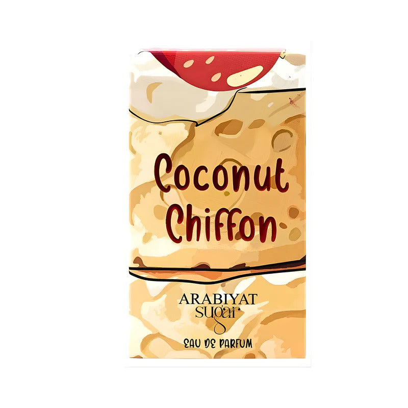Coconut Chiffon EDP packaging showcases a creamy dessert design with bold text, highlighting its tropical vanilla and coconut scent profile.