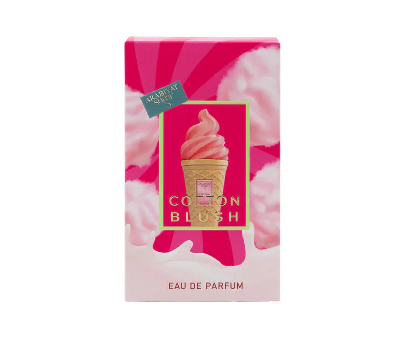 Arabiyat Cotton Blush EDP packaging with pink cotton candy design and ice cream cone graphic, highlighting fruity floral perfume notes.