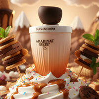 Arabiyat Dulce De Leche EDP bottle displayed on whipped cream with caramel drizzle and cookies. Indulgent caramel vanilla perfume for women.