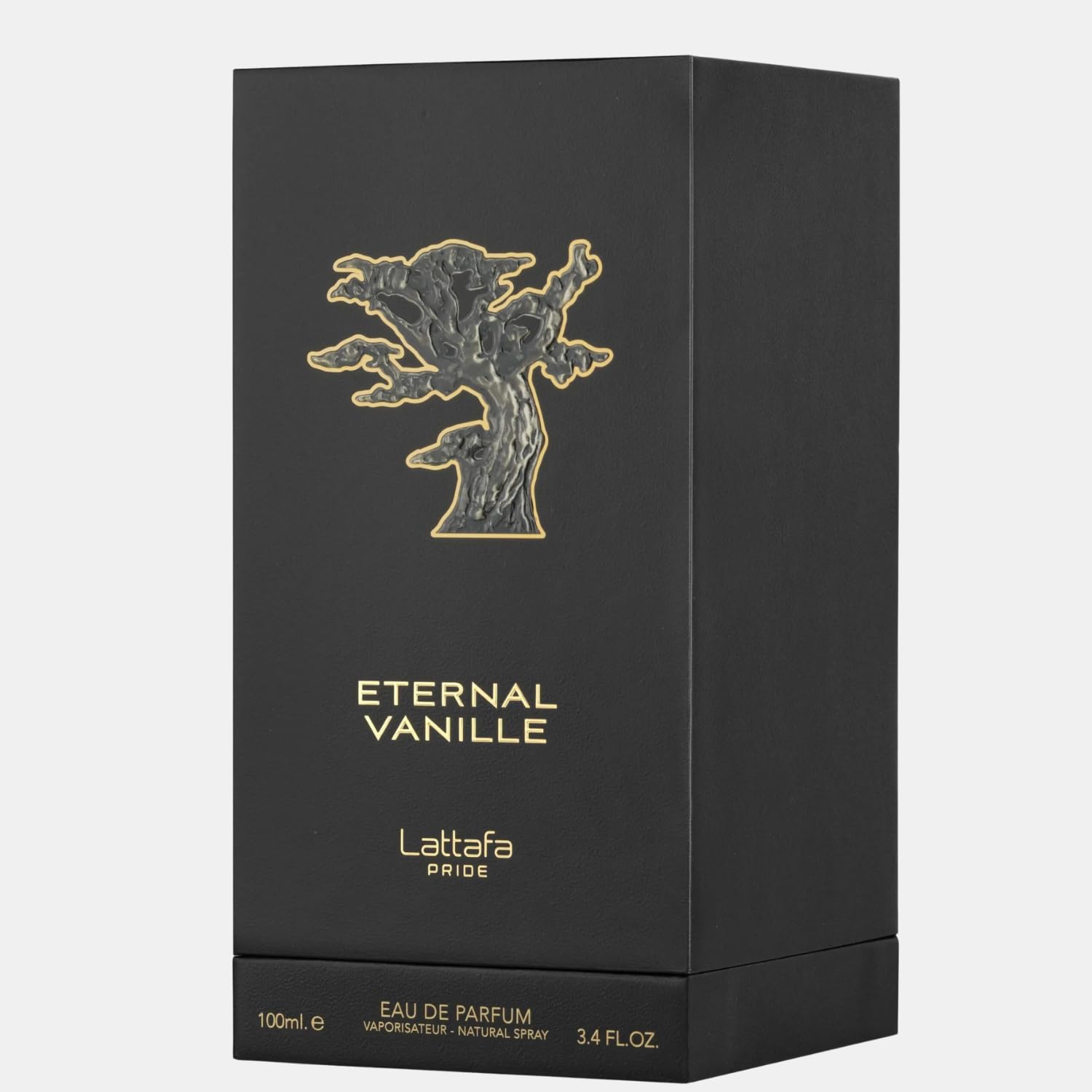 Eternal Vanille perfume packaging with black box and gold tree emblem
