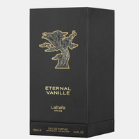 Eternal Vanille perfume packaging with black box and gold tree emblem
