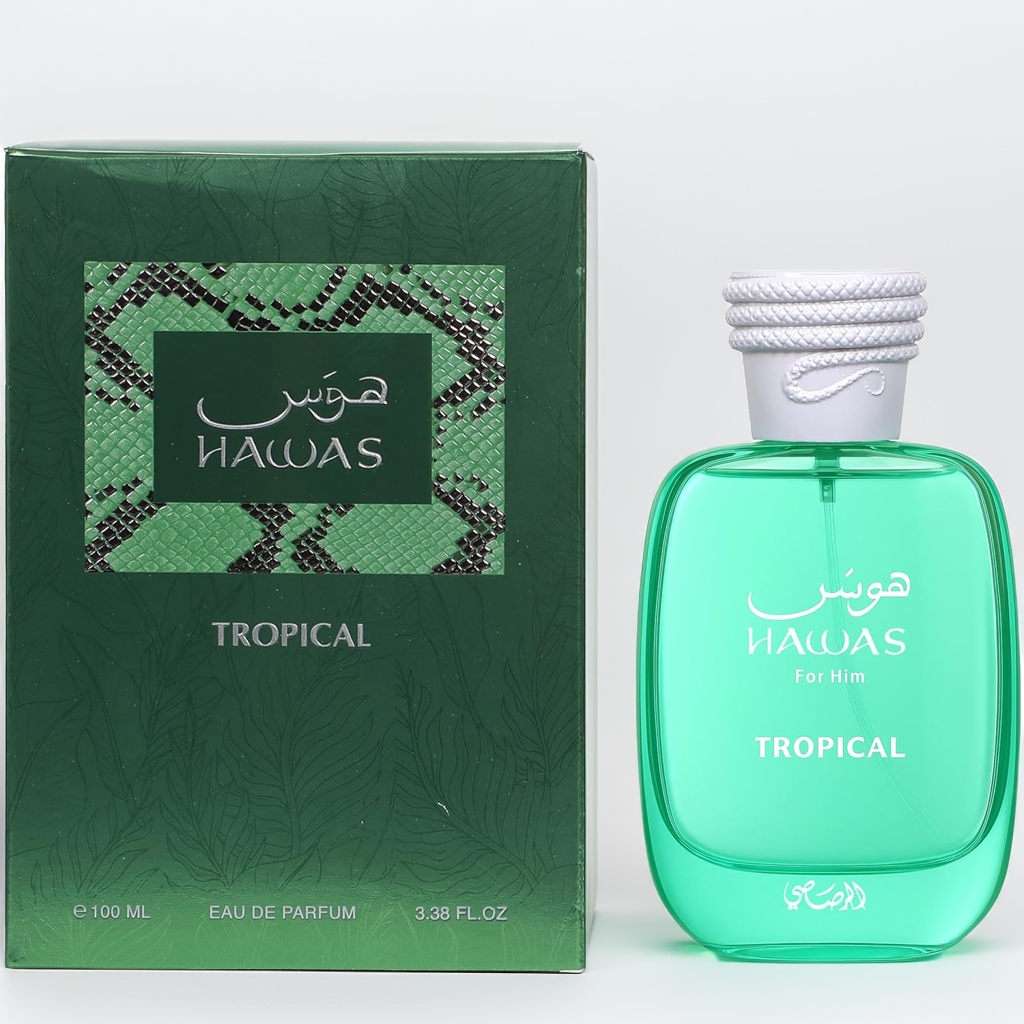 Rasasi Hawas Tropical for Men Eau de Parfum with green snake-textured box and matching bottle, perfect for gifting or personal fragrance collection.