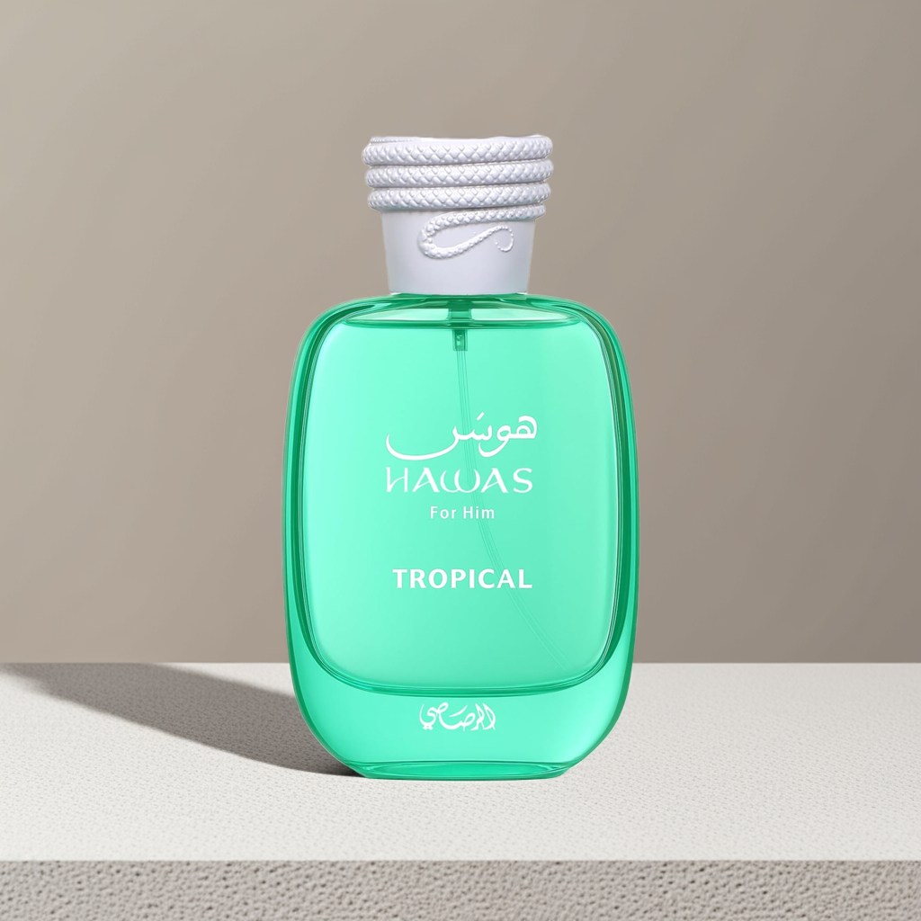 Rasasi Hawas Tropical for Men – Fresh & Vibrant Scent in a sleek green bottle with white rope-style cap, ideal for daily wear fragrance lovers.