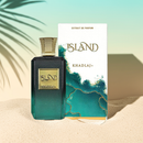 Khadlaj Island – Tropical Coconut & Amber Perfume with box on sandy surface, highlighting the exotic design and premium fragrance packaging.