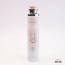 Lattafa Yara Air Freshener 300ml in a sleek pink and silver spray can with Arabic calligraphy, ideal for floral, fruity, and musky home fragrance.
