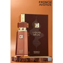 French Avenue Liquid Brun EDP with packaging, showcasing the elegant bottle and box design for this bold spicy vanilla men's perfume.