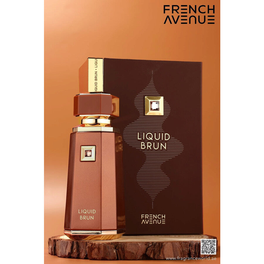 French Avenue Liquid Brun EDP with packaging, showcasing the elegant bottle and box design for this bold spicy vanilla men's perfume.