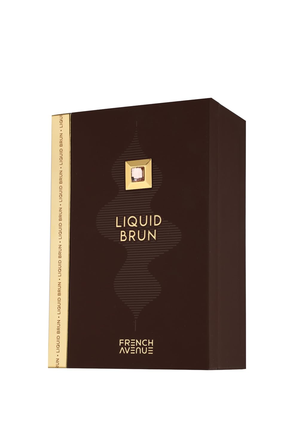 French Avenue Liquid Brun EDP box in dark brown with gold accents, highlighting the premium spicy vanilla scent for men.