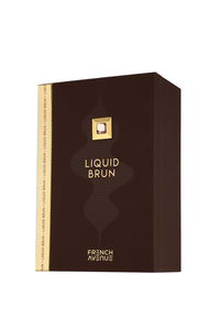 French Avenue Liquid Brun EDP box in dark brown with gold accents, highlighting the premium spicy vanilla scent for men.