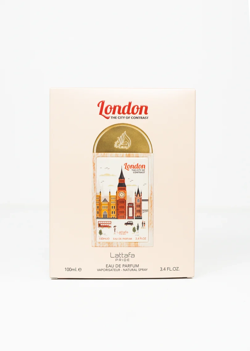 London perfume box with iconic London landmarks illustration