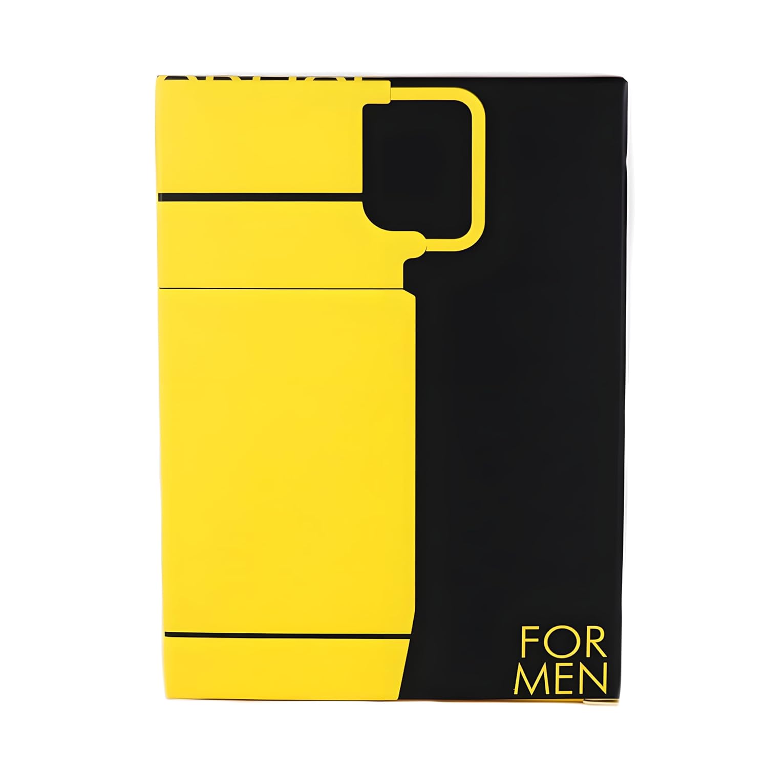 Yellow Odyssey Mega perfume box with black text for men
