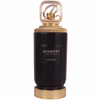 Woody floral unisex perfume bottle with black and gold design