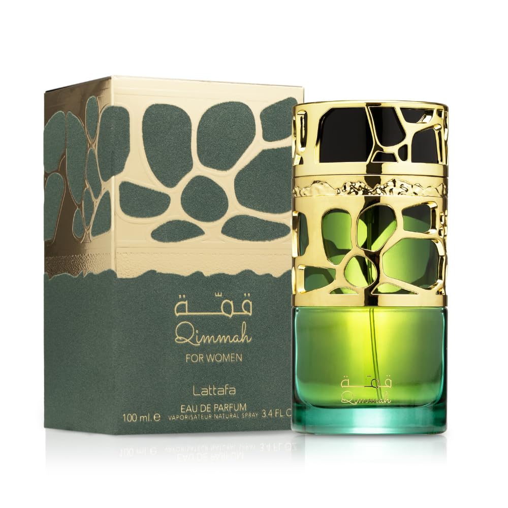 Lattafa Qimmah perfume box with gold and green packaging, elegant fragrance presentation