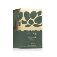 Lattafa Qimmah Eau de Parfum bottle with gold and green design, luxury fragrance for women