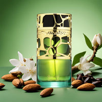 Lattafa Qimmah Eau de Parfum for Women with gold and green bottle, floral and nut ingredients