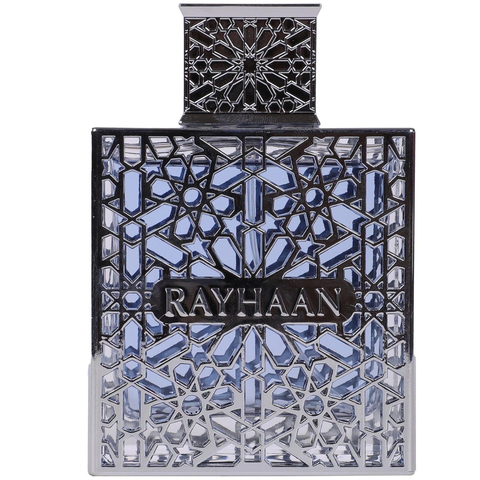 Rayhaan Aquatica Eau de Parfum for Men in a silver geometric bottle with oceanic blue fragrance, ideal for Health & Beauty fragrance collections.