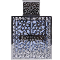 Rayhaan Aquatica Eau de Parfum for Men in a silver geometric bottle with oceanic blue fragrance, ideal for Health & Beauty fragrance collections.