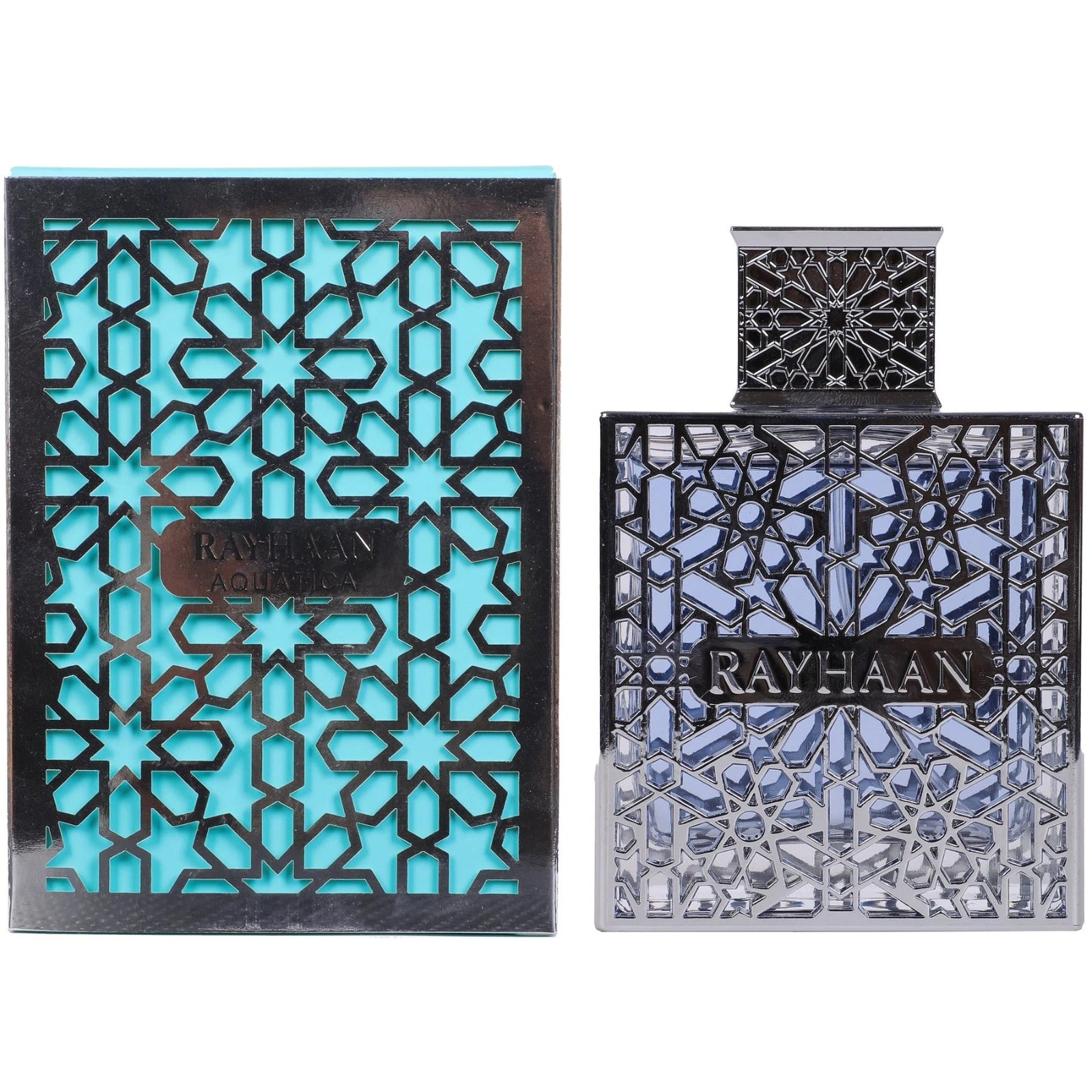 Rayhaan Aquatica men's oceanic fragrance bottle and box set featuring intricate silver lattice design, perfect for luxury perfume gifting.