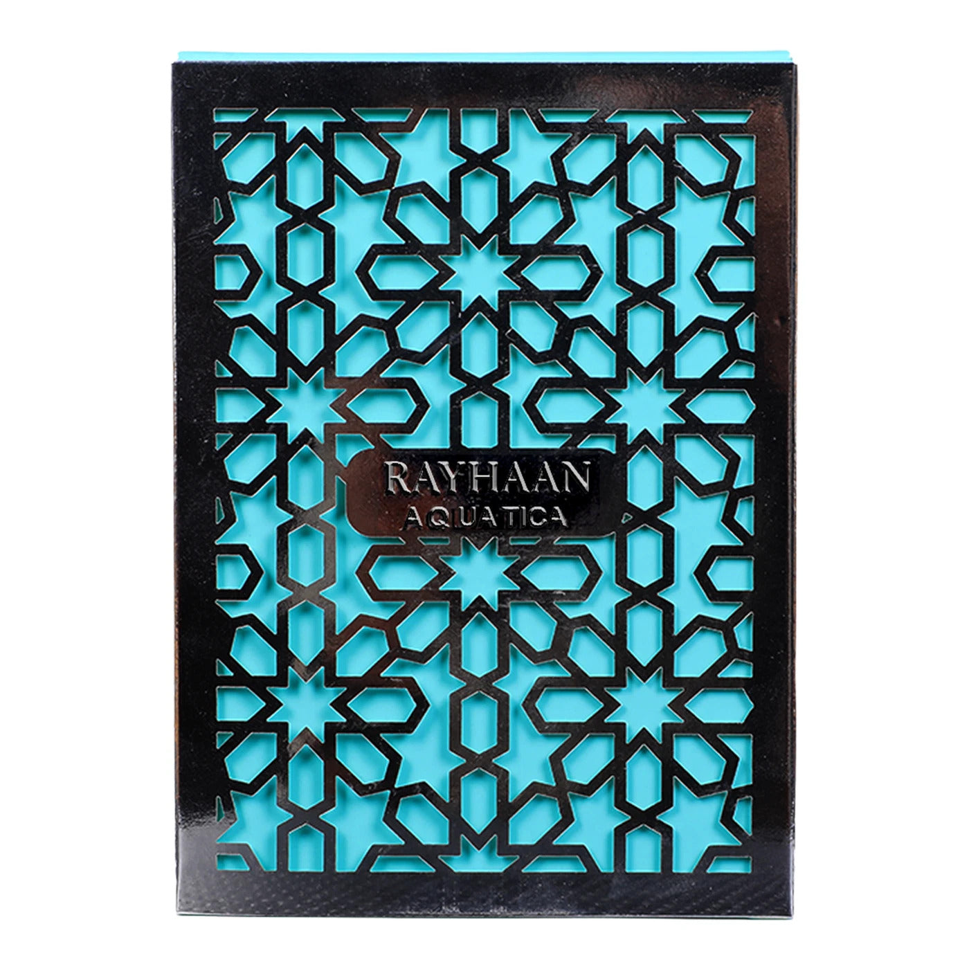 Rayhaan Aquatica Eau de Parfum packaging with turquoise background and metallic geometric overlay, showcasing premium men's fragrance branding.