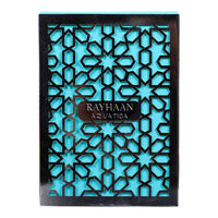 Rayhaan Aquatica Eau de Parfum packaging with turquoise background and metallic geometric overlay, showcasing premium men's fragrance branding.