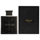 Rayhaan Obsidian Eau de Parfum for Men shown with its ornate bottle and matching luxury box, blending iris, leather, and wood for a bold scent.