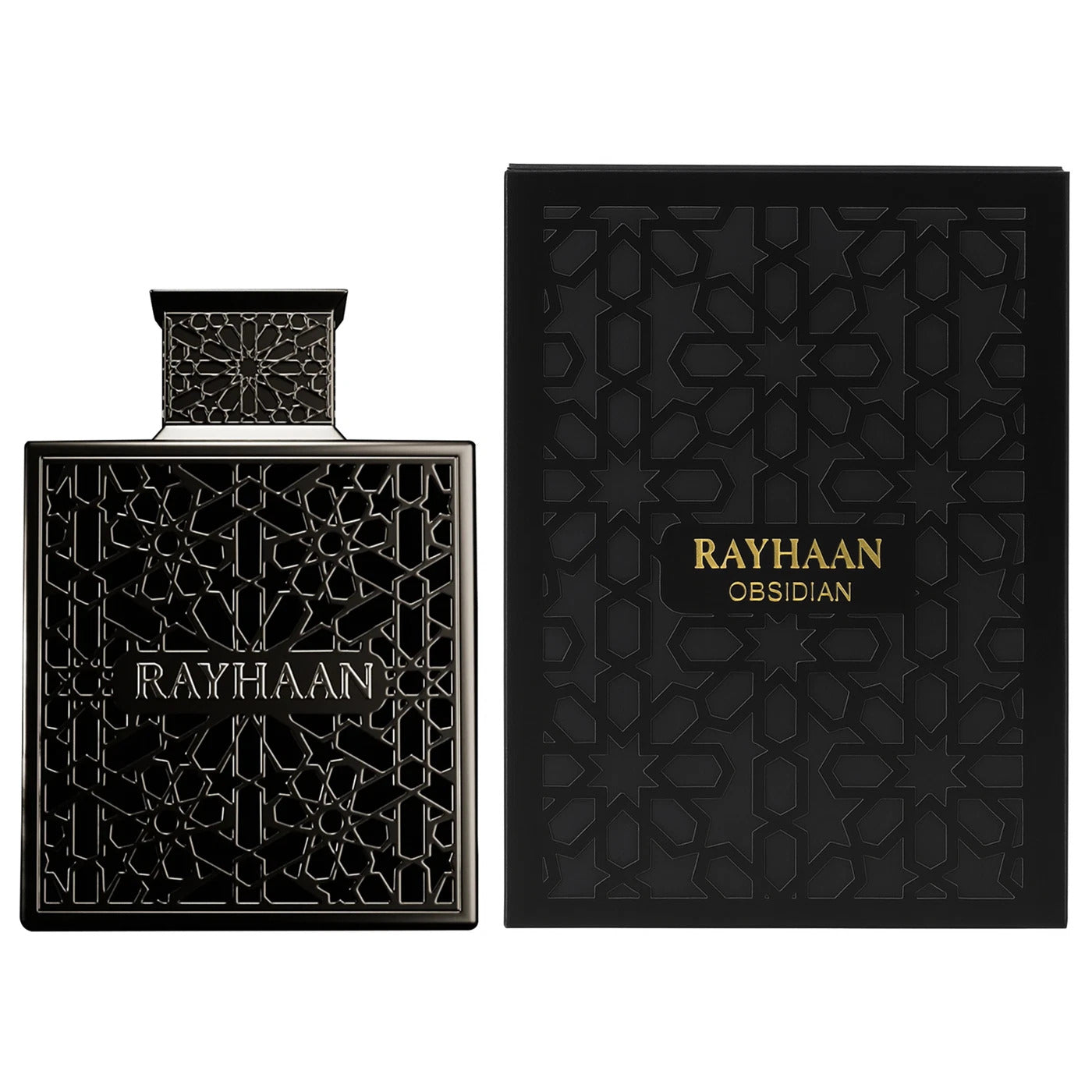 Rayhaan Obsidian Eau de Parfum for Men shown with its ornate bottle and matching luxury box, blending iris, leather, and wood for a bold scent.
