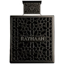 Rayhaan Obsidian Perfume - Men's Eau de Parfum in a black geometric bottle with intricate Arabic-inspired design, ideal for luxury fragrance lovers.