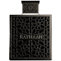 Rayhaan Obsidian Perfume - Men's Eau de Parfum in a black geometric bottle with intricate Arabic-inspired design, ideal for luxury fragrance lovers.