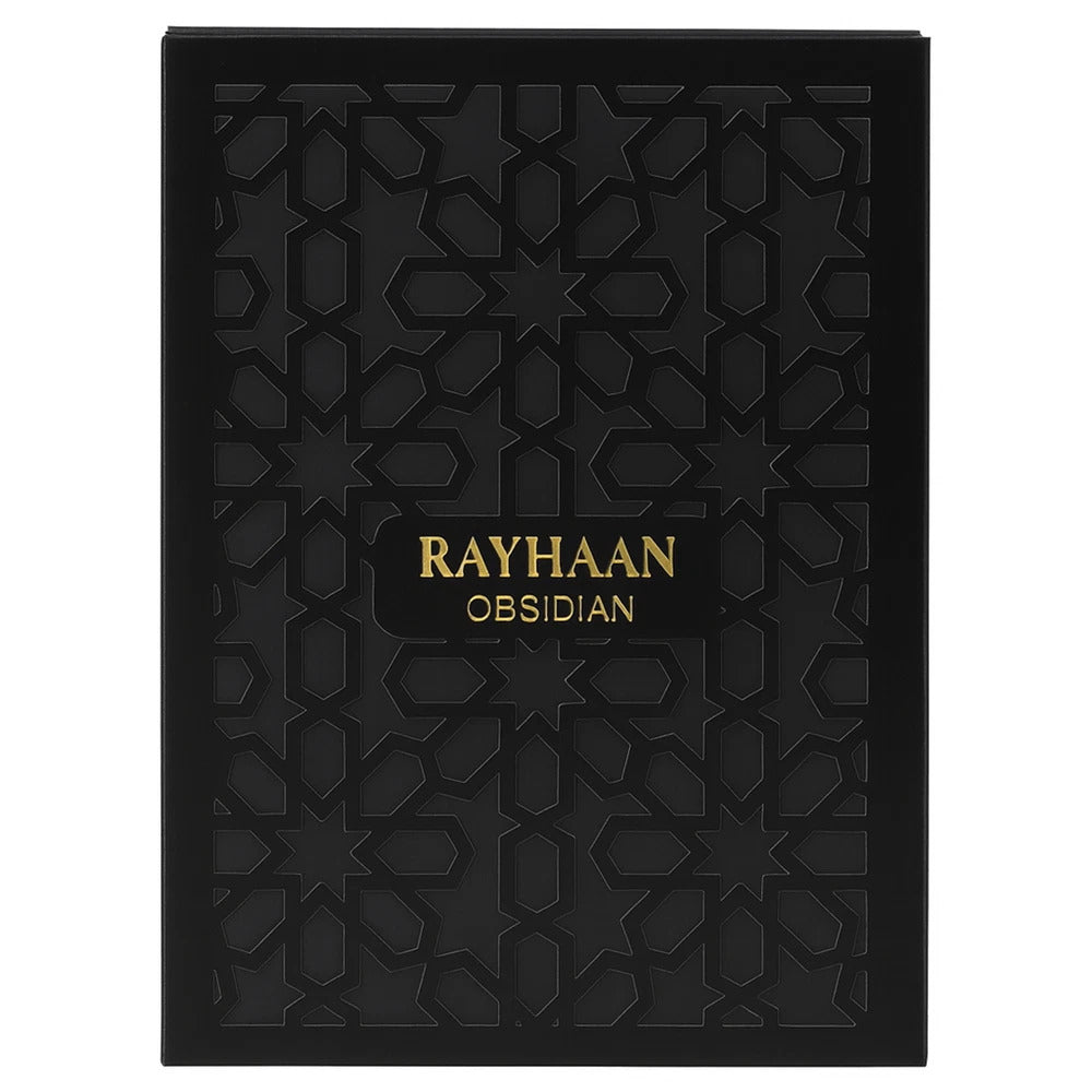 Elegant packaging of Rayhaan Obsidian Perfume for Men featuring a matte black box with gold lettering and geometric patterns, perfect for gifting.