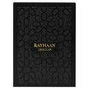 Elegant packaging of Rayhaan Obsidian Perfume for Men featuring a matte black box with gold lettering and geometric patterns, perfect for gifting.