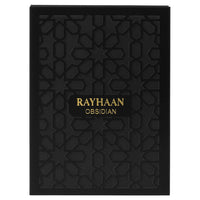 Elegant packaging of Rayhaan Obsidian Perfume for Men featuring a matte black box with gold lettering and geometric patterns, perfect for gifting.