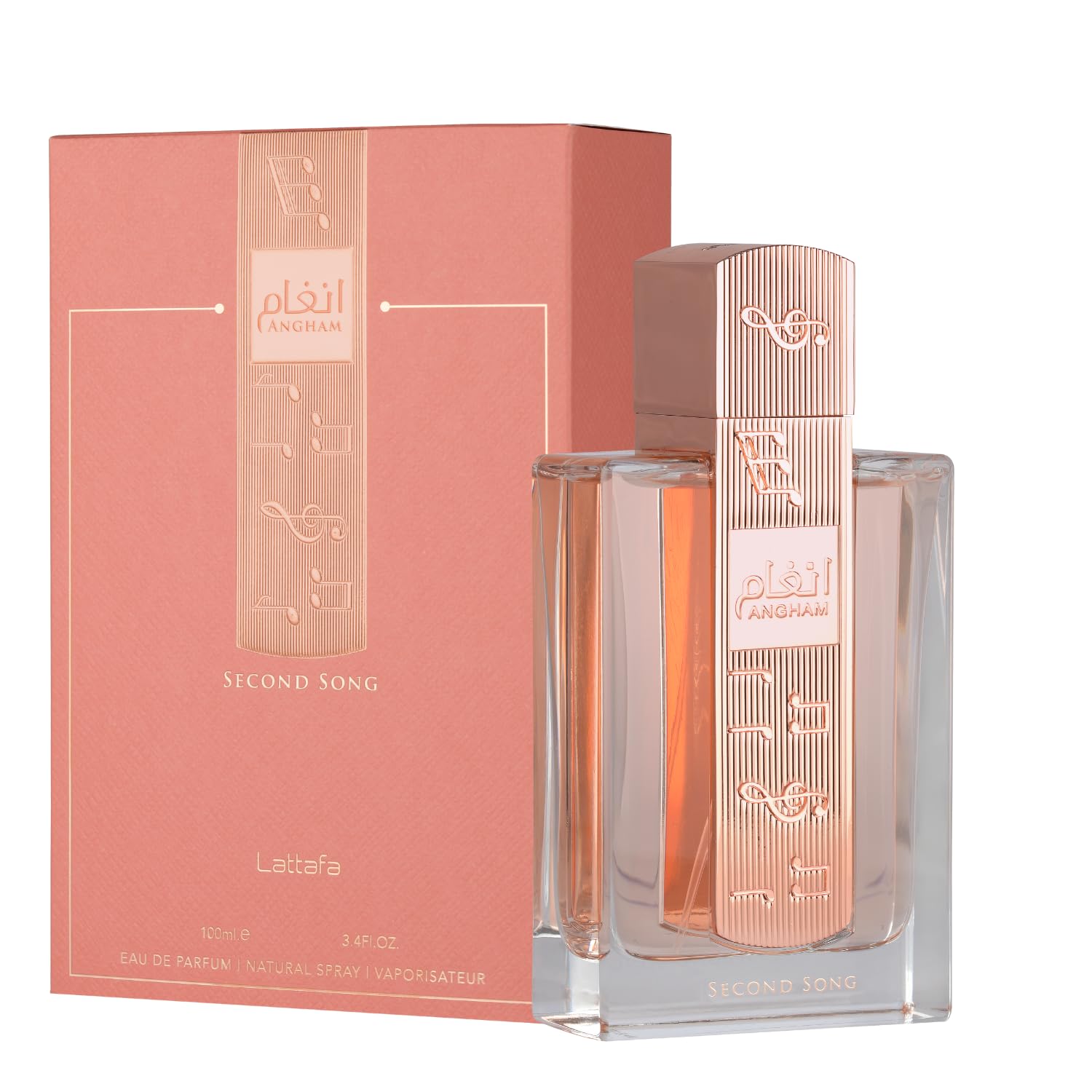 Lattafa Angham perfume box with pink design